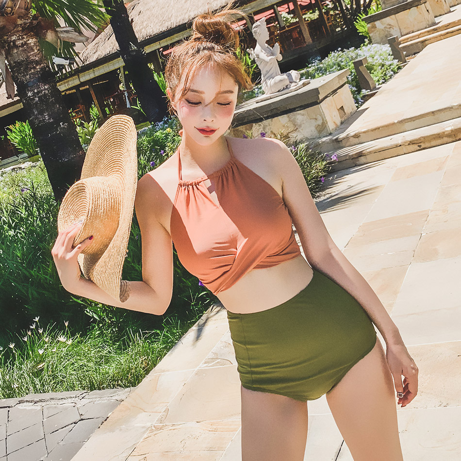 Han Fan small breasts gather to thicken beach retro high waist cover with slim and sexy two-style military green bikini female swimsuit
