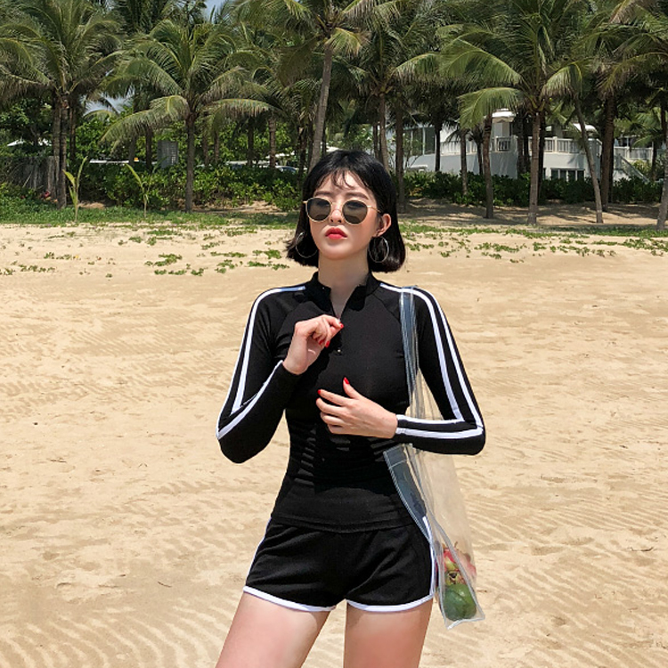 Korean version of the new black sports gather slim sunscreen quick-drying slim conservative briefs ladies two-piece swimsuit