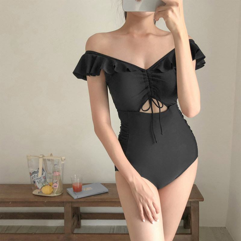 Korean version of the new one-character shoulder swimsuit female retro sexy little fragrance wind backless body cover belly slim black swimsuit