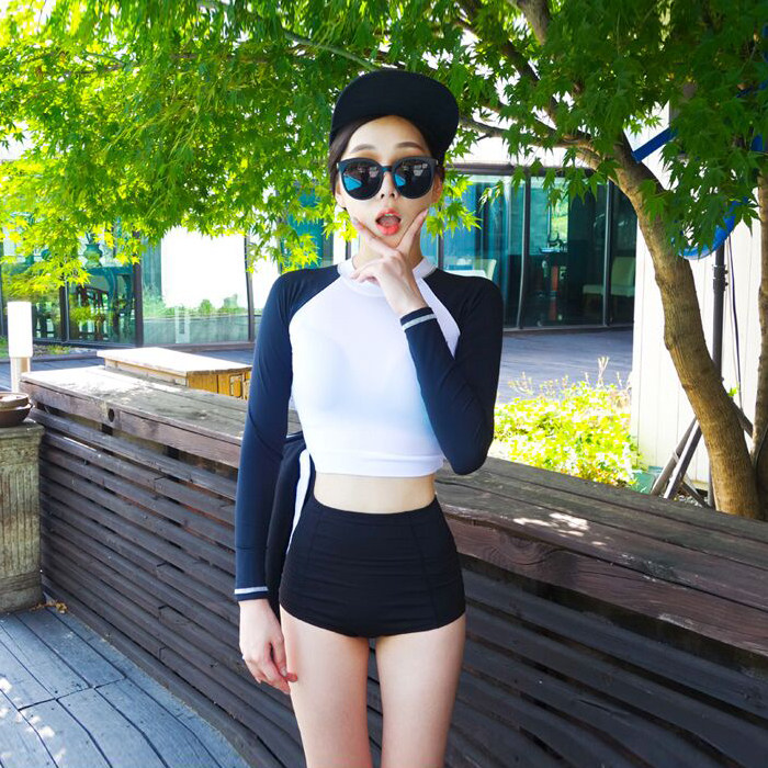 South Korea's new color contrast stitching sports long-sleeved conservative high collar high waist split swimsuit bikini female bikini
