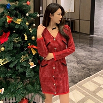 Sandro asw Sexy charm New Year red dress female Korean version slim waist big red hip skirt tide