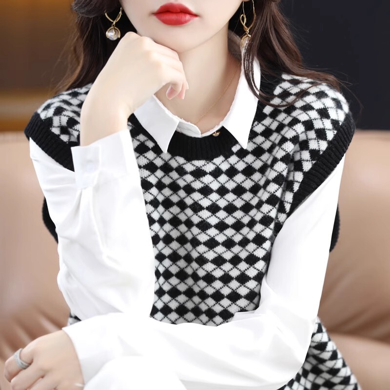 New Autumn and Winter Style Loose Pullover Cashmere Vest Knit Sweater Houndstooth Jacquard Sleeveless Wool Vest Trendy New Autumn and Winter Style Loose Pullover Cashmere Vest Knit Sweater Houndstooth Jacquard Sleeveless Wool Vest Trendy