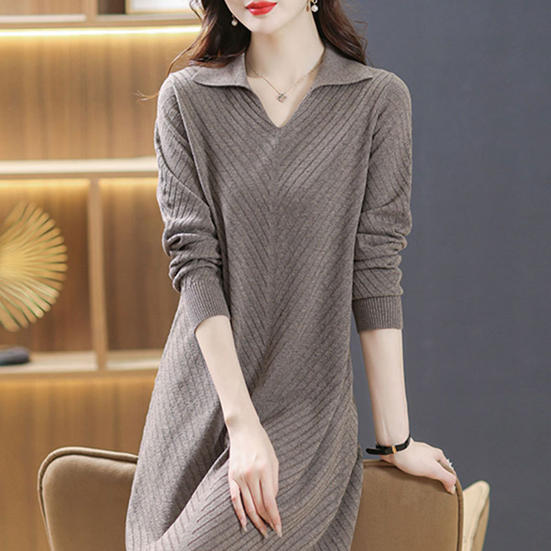 Autumn and Winter Clothing 2026 New Style Polo Collar Over-The-Knee Knitted Cashmere Sweater Dress Loose Large Size Mid-Length Woolen Sweater for Women Autumn and Winter Clothing 2026 New Style Polo Collar Over-The-Knee Knitted Cashmere Sweater Dress Loose Large Size Mid-Length Woolen Sweater for Women