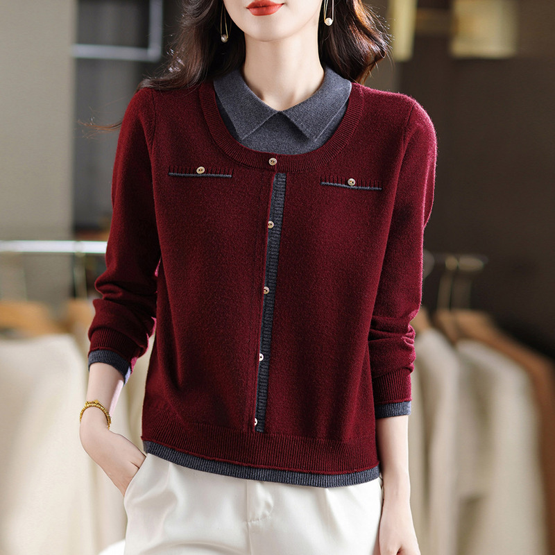 Color-Blocked Lapel Fake Two-Piece Knit Sweater for Women, 2025 Autumn and Winter New Style, Loose Fit, Plus Size, Thickened Cashmere Sweater Color-Blocked Lapel Fake Two-Piece Knit Sweater for Women, 2025 Autumn and Winter New Style, Loose Fit, Plus Size, Thickened Cashmere Sweater