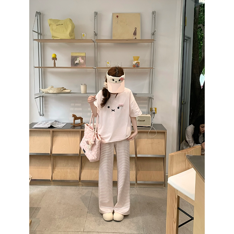 「Little Bird LAOSHU」Light Pink Cartoon Pattern Two Styles Baby Pink Short-Sleeved T-Shirt Top~