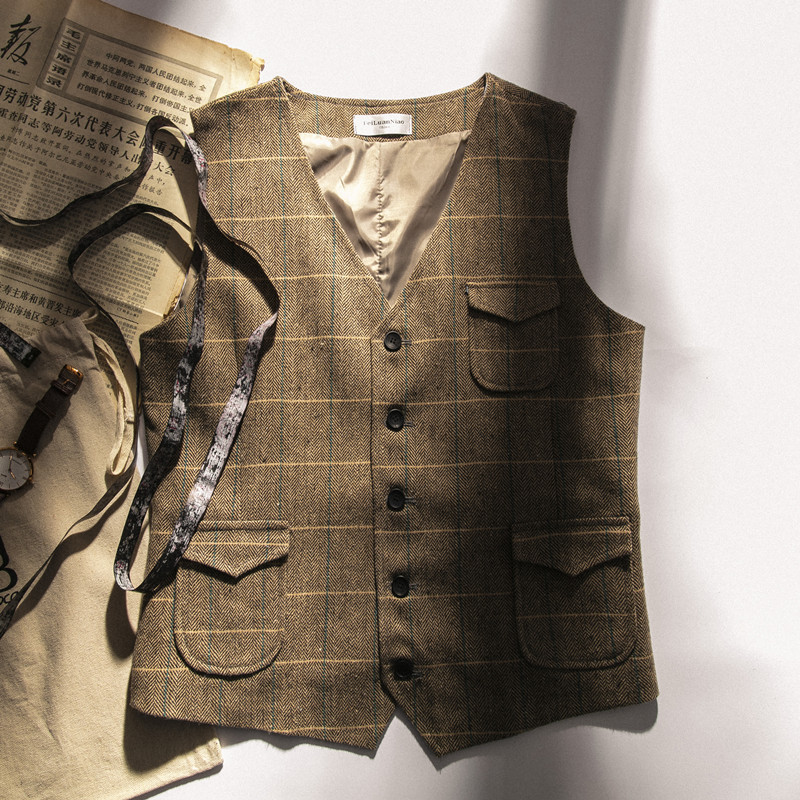 Autumn and Winter Herringbone Vintage Men's Suit Vest Tweed European and American Casual British Style Large Size Warm Vest Trendy