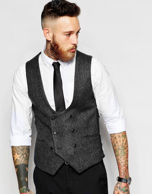 British Retro Herringbone Pattern Men's Double-Breasted Slim-Fit Vest Nightclub Groomsmen Suit Vest Plus Size Trendy Small Size