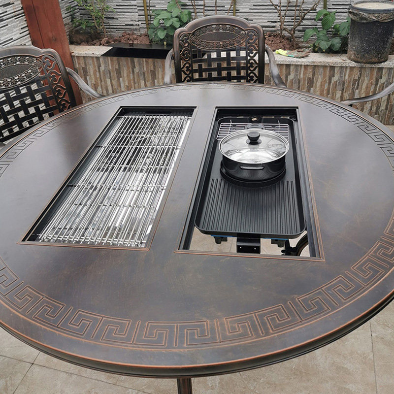 Outdoor tables and chairs Cast aluminum household charcoal barbecue table Electric oven Courtyard terrace Garden Casual European dining table combination