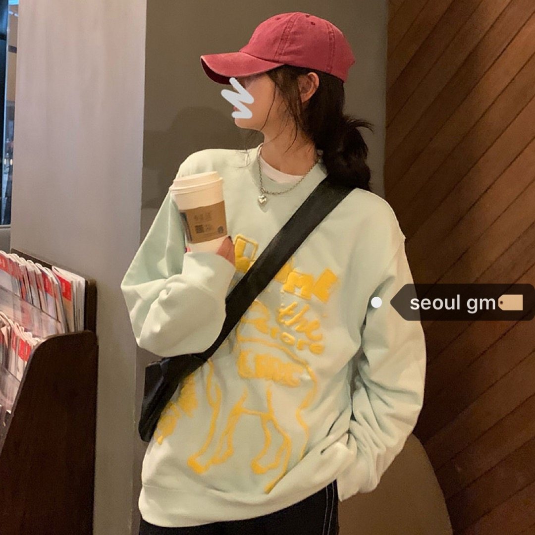 SEOUL Korean style chic vintage academy girl crew neck versatile lazy loose print white mint sweatshirt