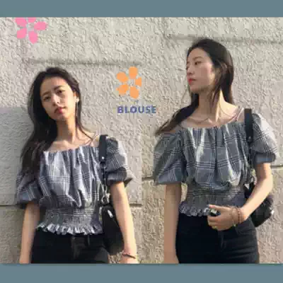 Ghost horse girl Korean retro foreign school age age reduction check line shoulder waist Joker shirt