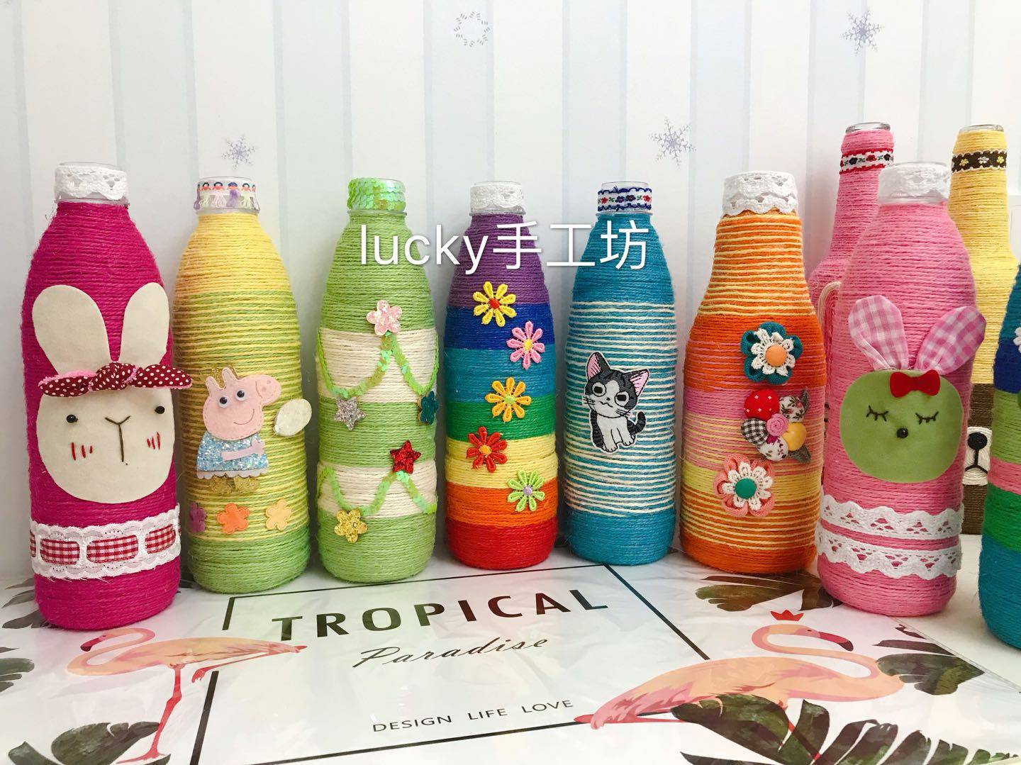 Plastic bottle beverage bottle waste utilization handmade finished kindergarten handwork DIY hemp rope vase