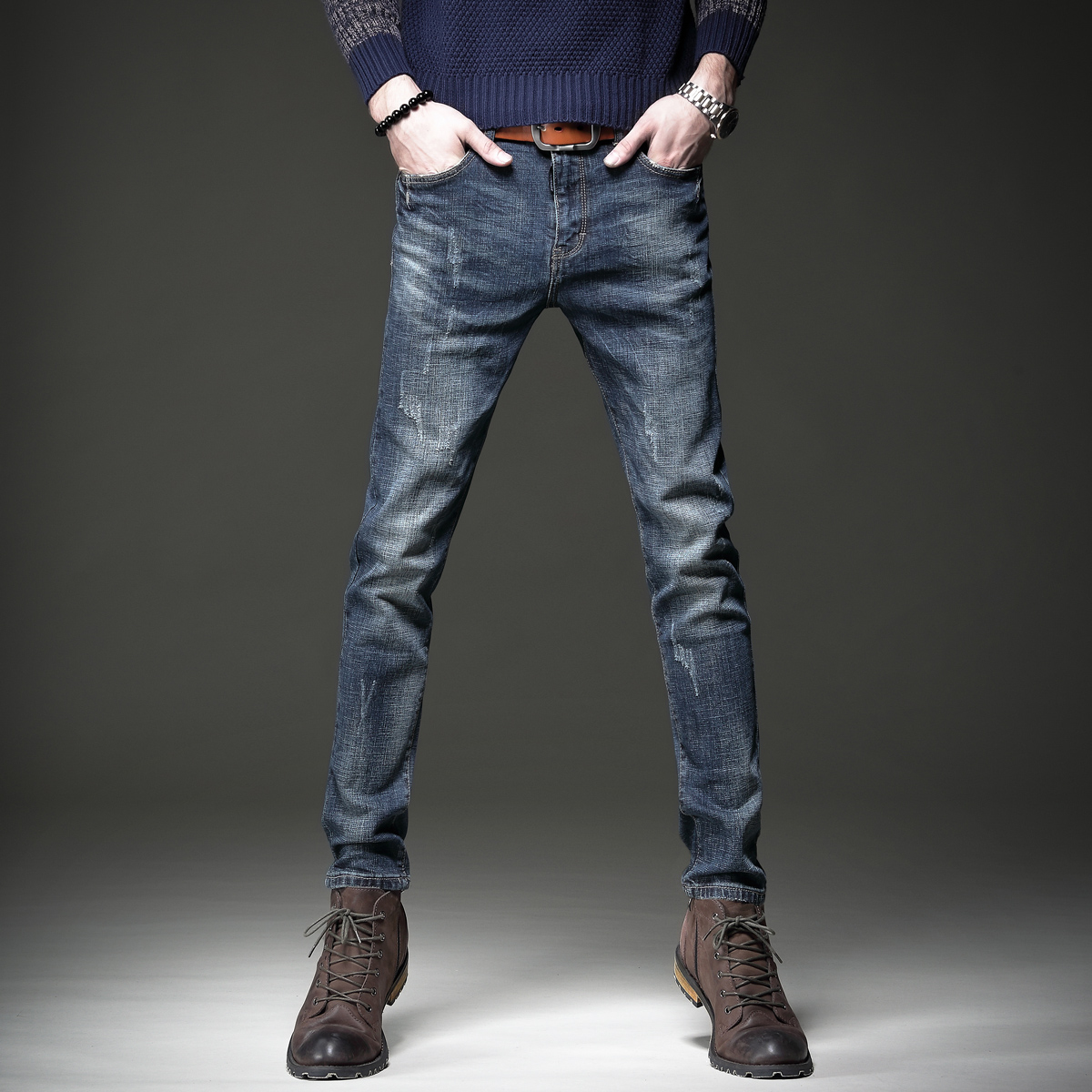 Autumn retro jeans men's tide brand slim cigarette pants Korean version trend all-match casual men's high-end long pants