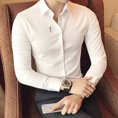 White men's long sleeve shirt spring and autumn slim-free ironing Korean fashion handsome casual business dress shirt