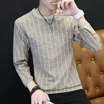 Mens long sleeve T-shirt 2021 new spring and autumn Korean trend round neck sweater cotton vertical stripe base shirt top