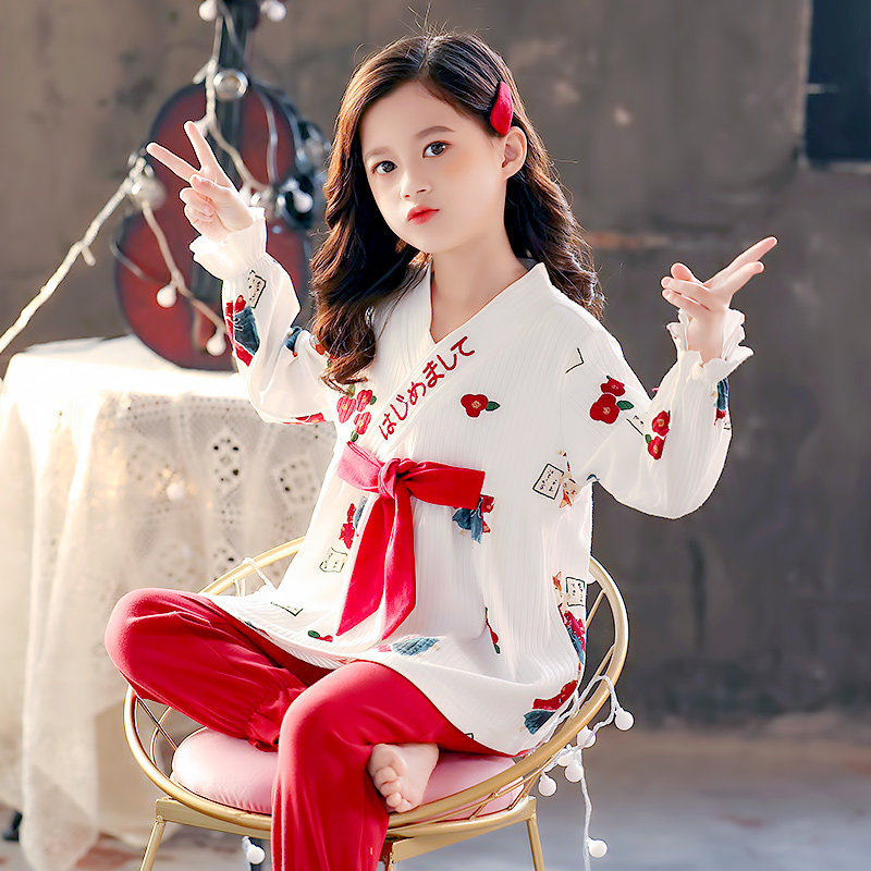 Children's pajamas spring girl cotton home dress wearing baby girls Japanese and wind large child sleeve suit