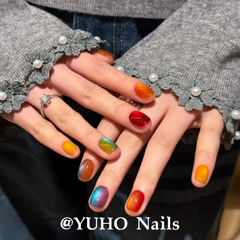 Yuehe｜【Fruit Glaze】Candy-Colored, Elegant, Complexion-Enhancing, Colorful Gradient Spring and Summer Short Bean-Shaped Handmade Press-On Nails