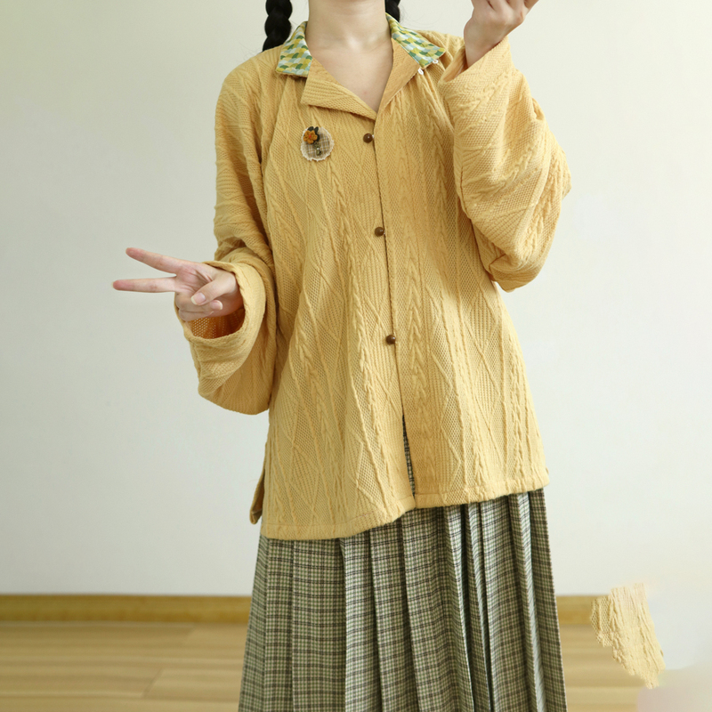 Qi Xiaoyao [Milk Yellow Bun] Ming-Style Front-Buttoned Stand-Up Collar Bow Pocket Sleeves Knitted Fleece-Lined Daily Commuting Hanfu Winter Inner Wear