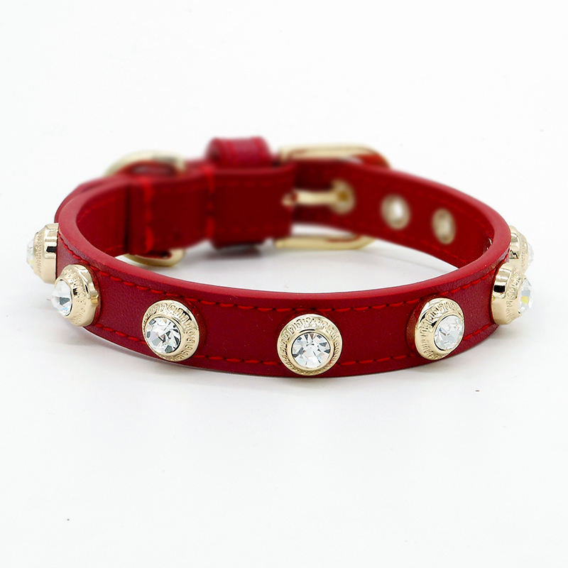 Burgundy cowhide white gemstone rivets Czech diamond glitter diamond Achille leather pet collar Poodle Puoodoo