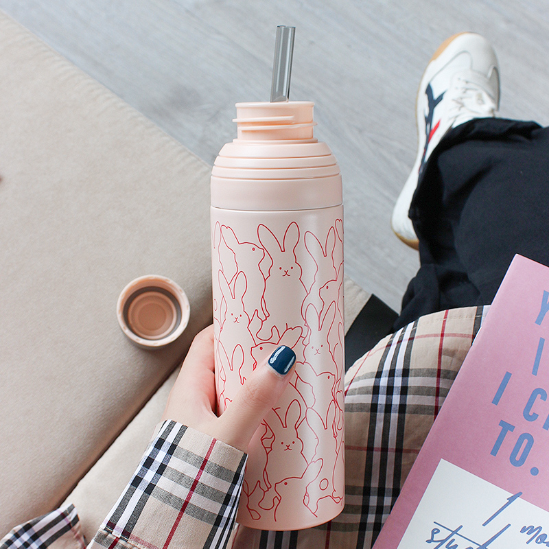 Cartoon straw thermos adult net red cute children's water cup Female student dual-use stainless steel with straw cup