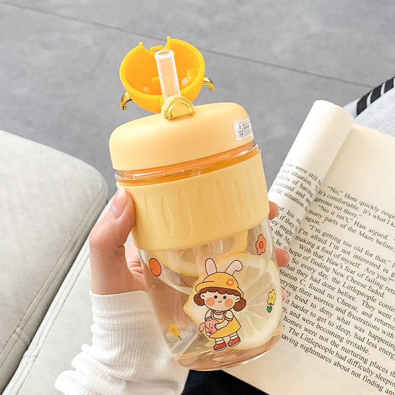 Glass water cup female summer anti-scalding high temperature high-value net red cute portable student simple with straw cup