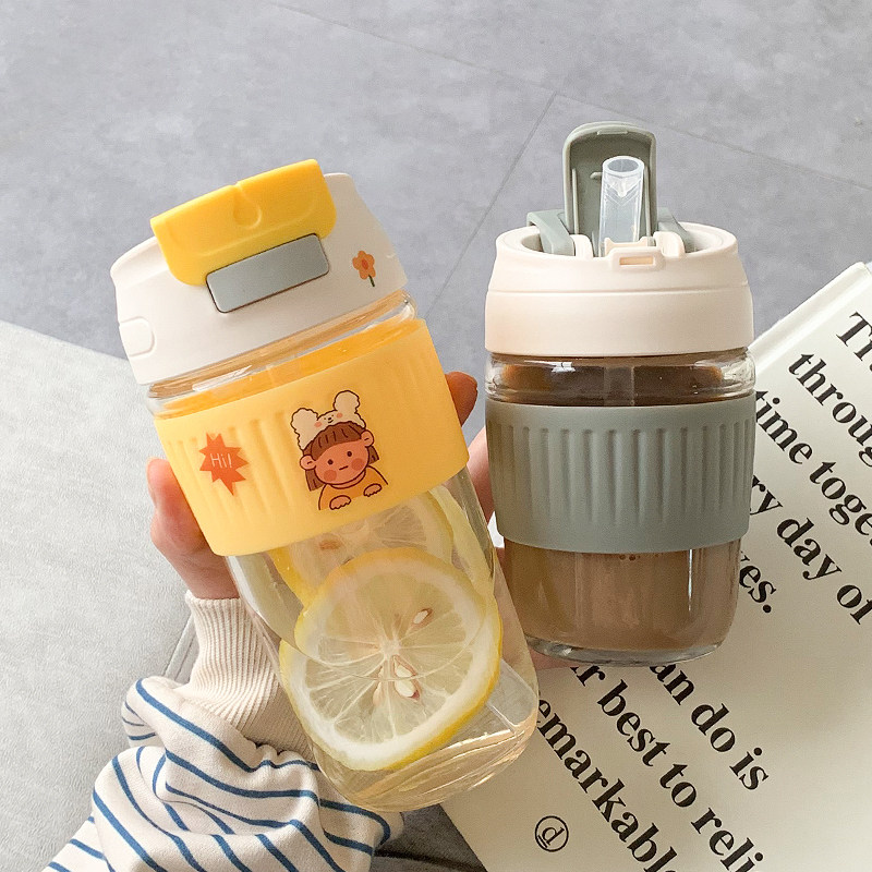 Net Red Water Cup Women's Summer Double Drinking Straw Cup Girls High Face Value Glass Cup Tea Cup Anti-Burn Coffee Cup Subboys