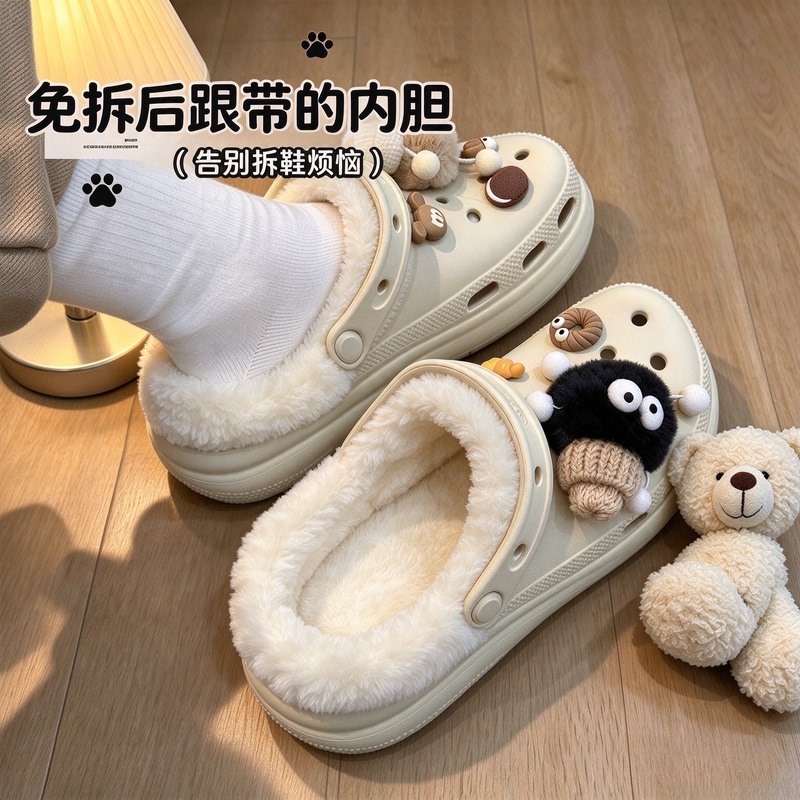 Fleece-Lined Clogs with Removable Plush Lining, Suitable for Crocs, Thin Style for Winter, White