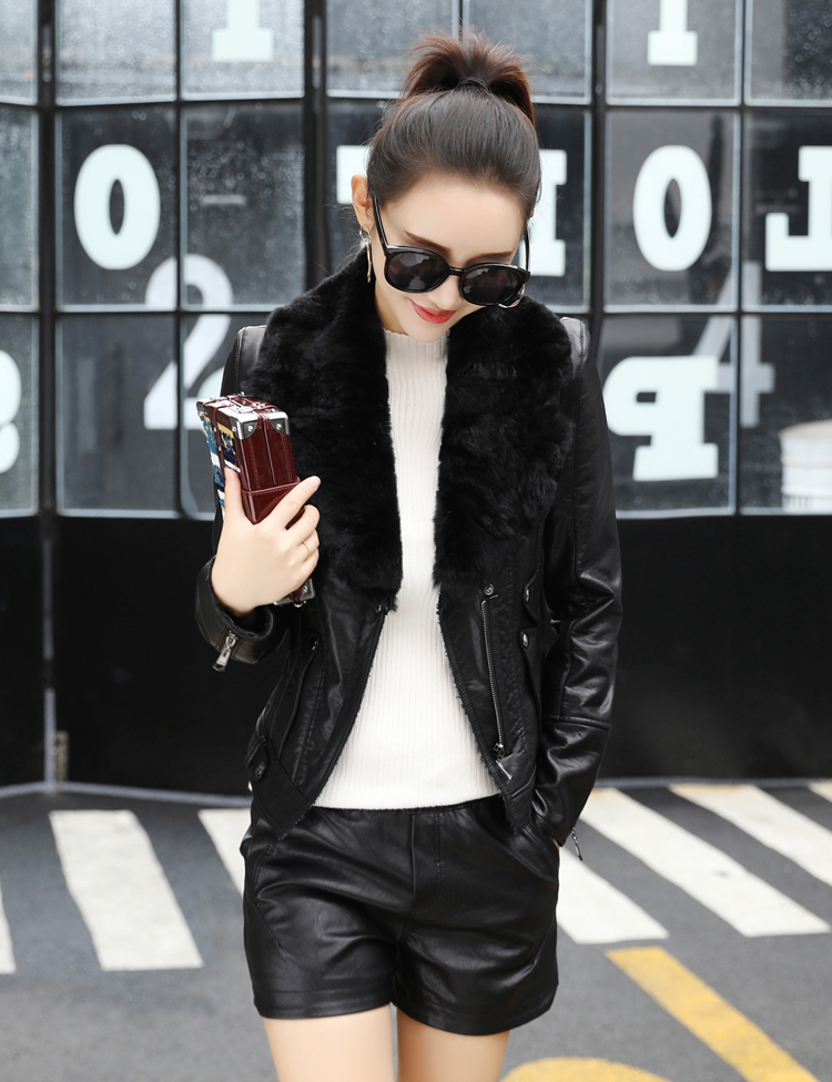 Cổ áo lông thỏ Rex cộng với nhung ngắn Slim da nữ 2018 mùa đông mới cộng với áo khoác cotton mẫu áo da nữ đẹp 2020