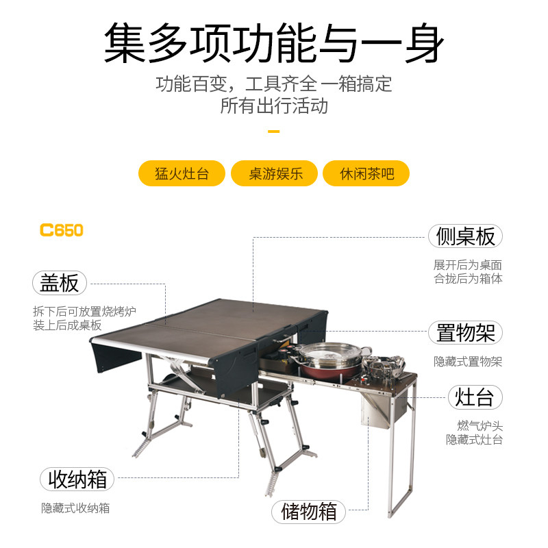 Walking Forest Outdoor Supplies Mobile Kitchen Accessories Equipped Detachable Handle Hand Frying Pan Deep Saucepan Cutting Board Folding Stool