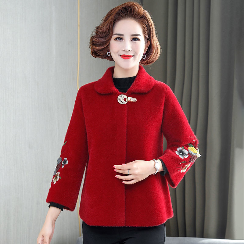 Autumn Winter Women Long Woolen Coat Wine Mother Cashmere Clothes Office  Lady