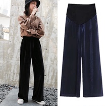 Pregnant women plus velvet wide leg pants loose fashion straight pants spring autumn and winter golden velvet belly trousers sports pants wear