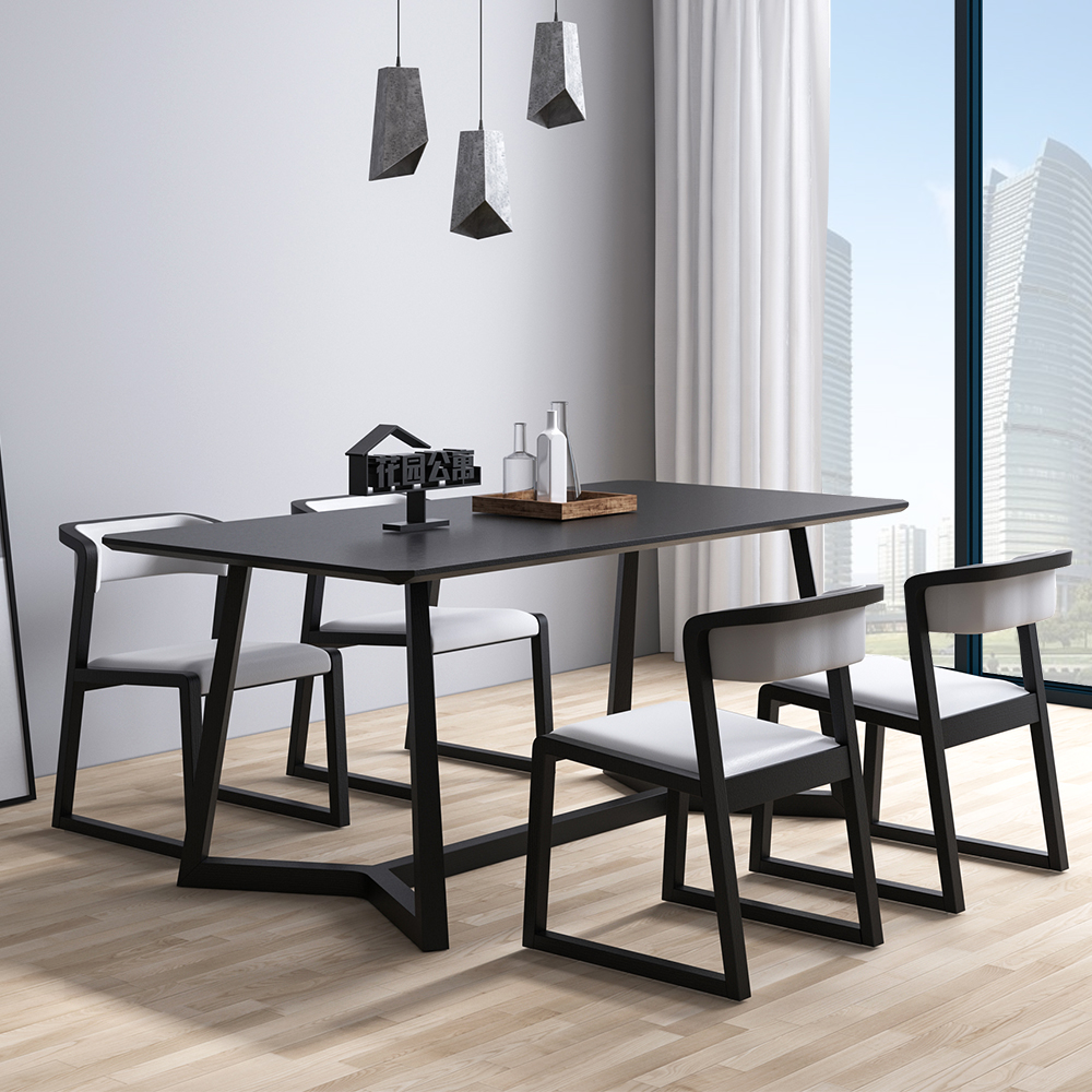 Nordic solid wood dining table and chairs combined modern minimalist rectangular 6 people small family type black dining table