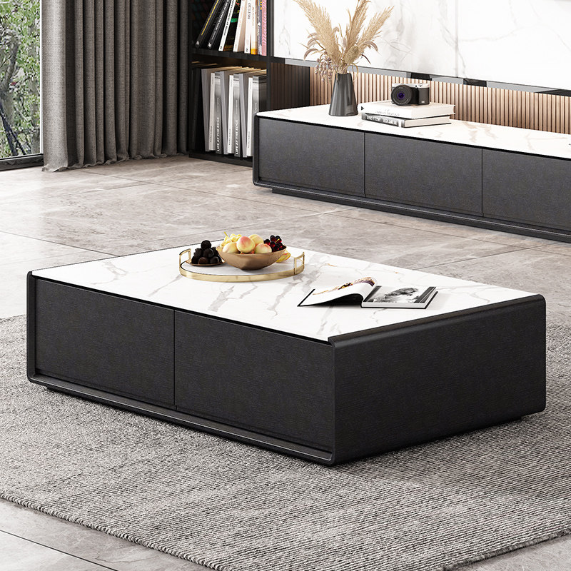 Black rectangular slate coffee table TV cabinet combination living room light luxury modern minimalist small apartment rounded slate table