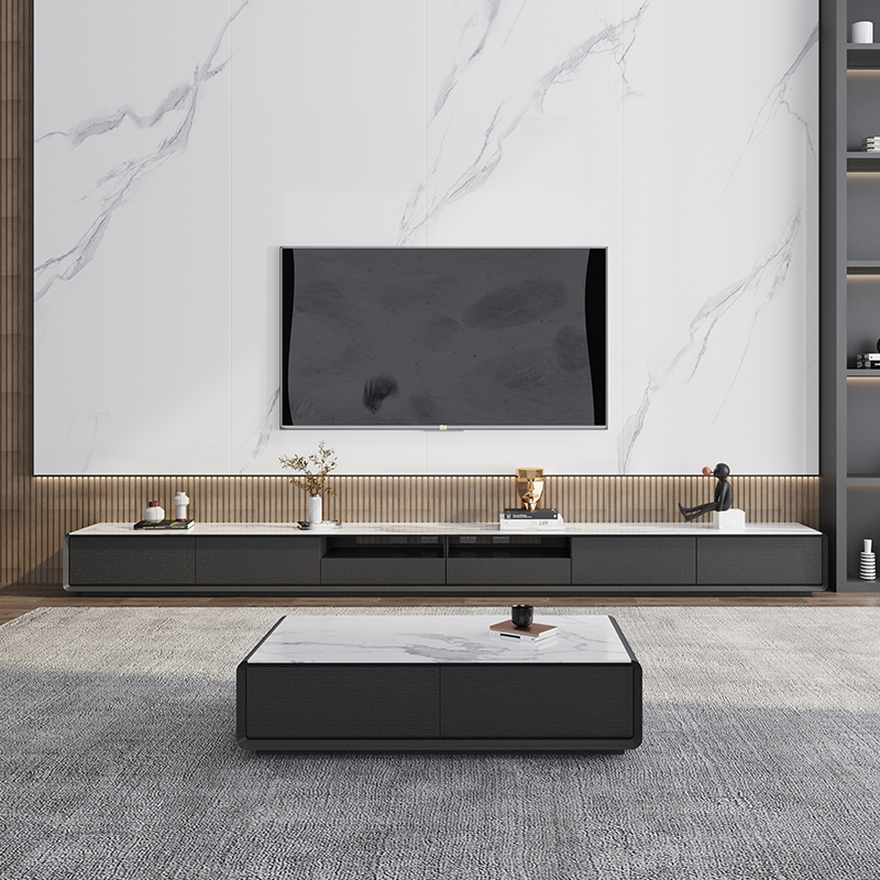 TV cabinet coffee table combination black and white slate Nordic size living room hollow simple modern floor cabinet