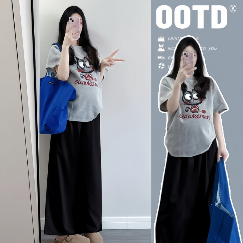 Maternity Suit, Summer Korean Style, Loose Large Size Pure Cotton T-Shirt, Belly-Covering Top, Skirt, Complete Set of Maternity Wear