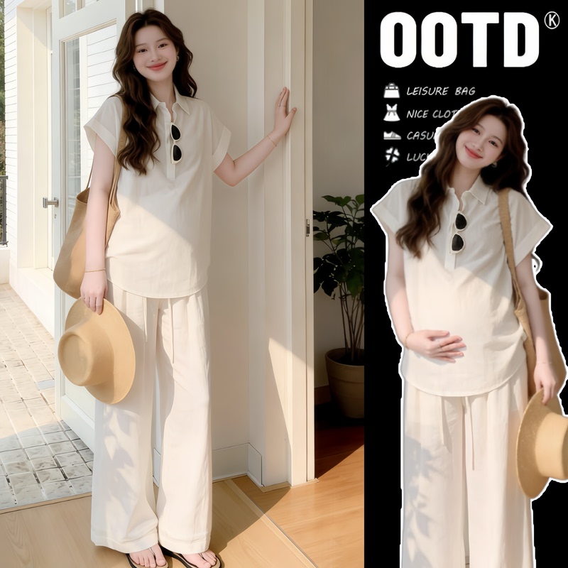 Maternity Suit, Summer Korean Style, Polo Collar, Fashionable and Stylish, Not Revealing Pregnancy, Loose Maternity Top, Wide-Leg Pants Two-Piece Set