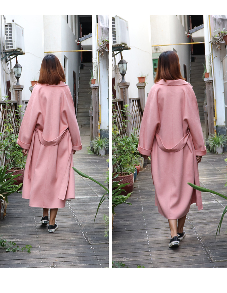 2018 thịt màu đỏ cam anh đào màu hồng hai mặt gợn sóng cashmere áo khoác nữ cao cấp dài len lỏng áo khoác áo khoác nữ 2021