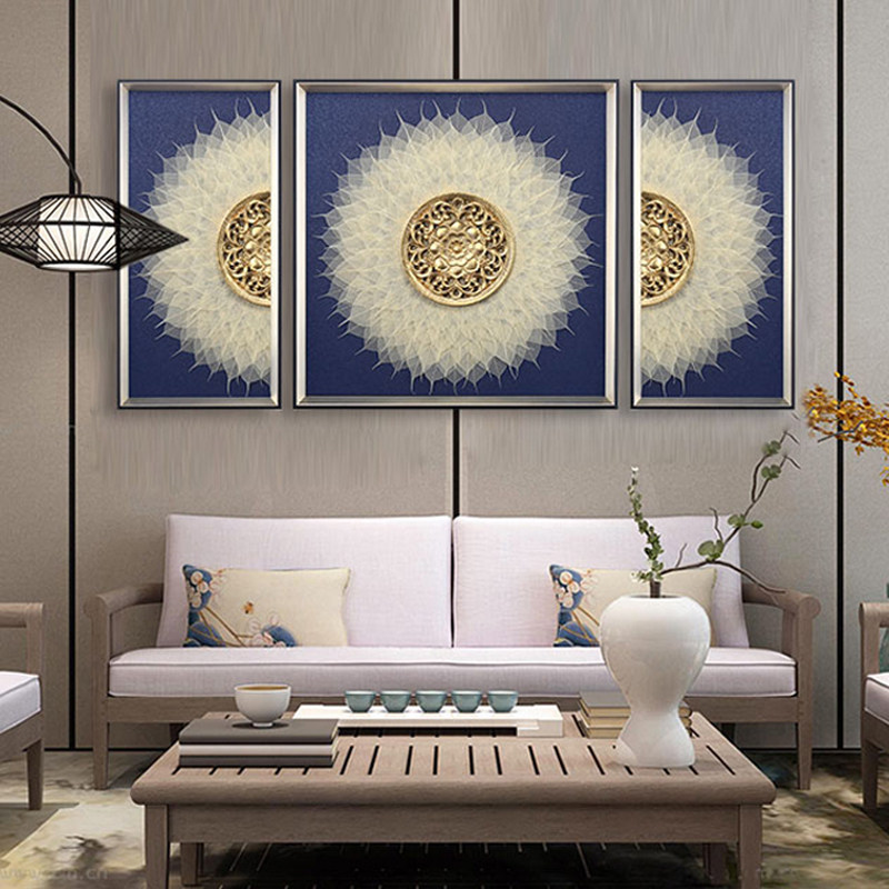 High-end Living Room Bodhi Leaf Decoration Painting Dining Hall Xuanguan Physical Hang Paintings Triptych Sofa Background Wall Hanging Painting Murals