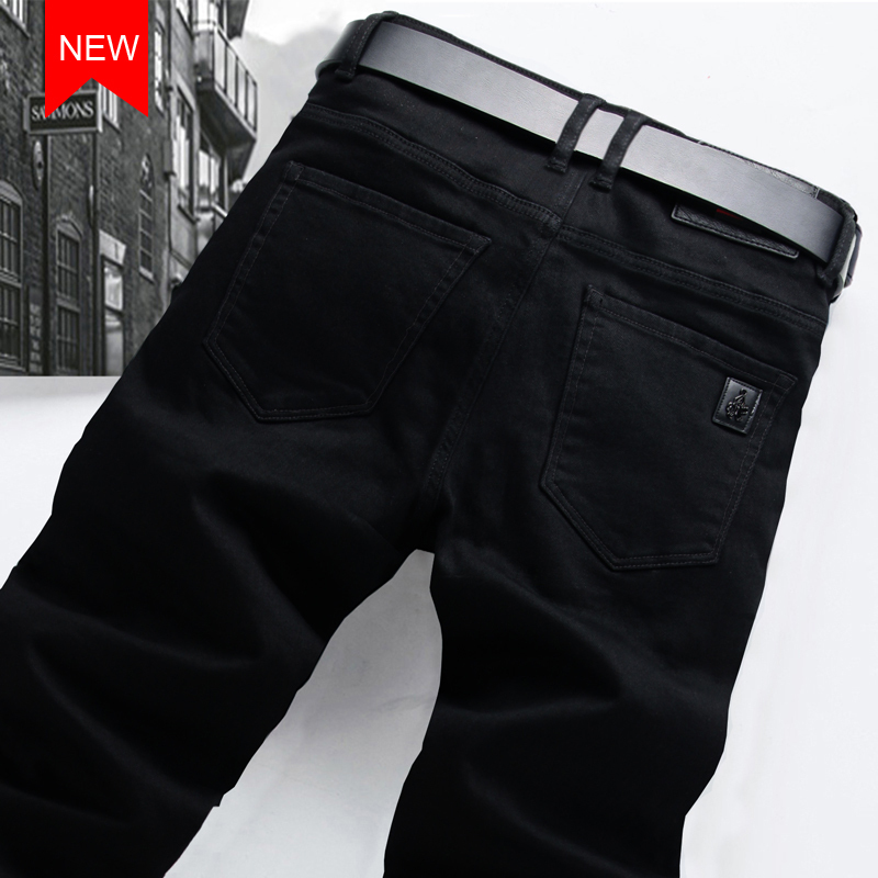 Spring and Summer Black Jeans for Men, Straight and Loose Fit, Men's Pure Black Pants, Stretchy Slim-Fit Casual Long Pants
