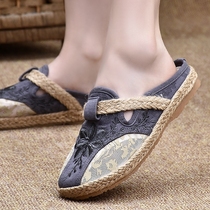 Old Beijing Cloth Shoes Woman Flat-bottomed Mom Shoes National Wind Slippers Summer Outwear Sandals Half Tug Shoes Embroidered Shoes Embroidered Shoes
