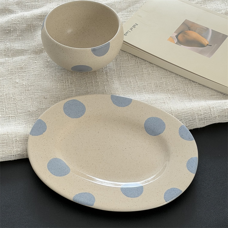 Japanese-Style Simple Blue Polka Dot Stoneware Tableware for Home Use 2026 New High-End Tableware Dessert Oval Plate Rice Bowl