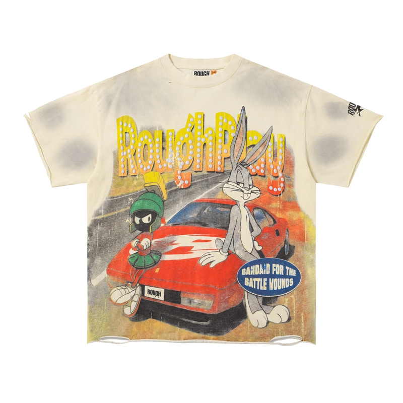 Car Roughplay Rabbit Logo Versatile Breathable Foam Dot Commuter Light Luxury Ins Style Short-Sleeve T-Shirt