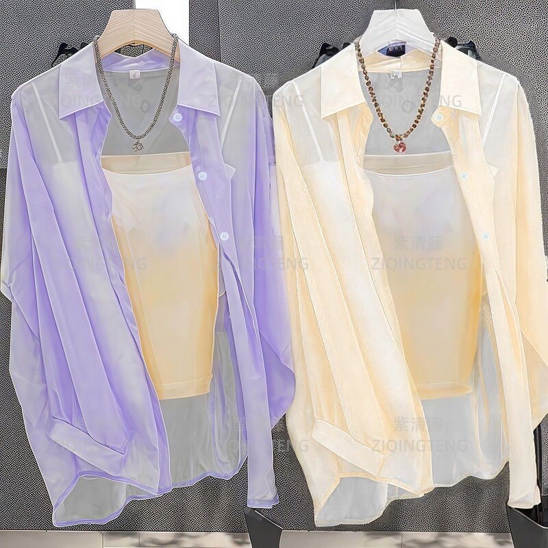 Chiffon Shirt for Women, Summer Thin Style, High-End Feel, New Transparent Shirt, Sheer Outerwear, Sun Protection Clothing, Korean Style, Versatile