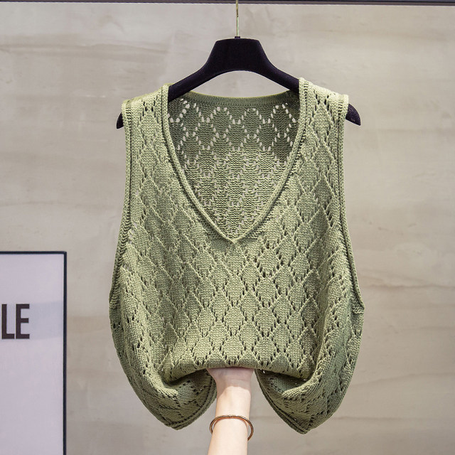 ເສື້ອຢືດຖັກແສ່ວຄໍ V-neck hollow ສໍາລັບແມ່ຍິງ 2024 ພາກຮຽນ spring ແລະດູໃບໄມ້ລົ່ນ vest ເສື້ອນອກວ່າງອອກໃຫມ່ທີ່ມີ sweater ແລະ waistcoat trendy