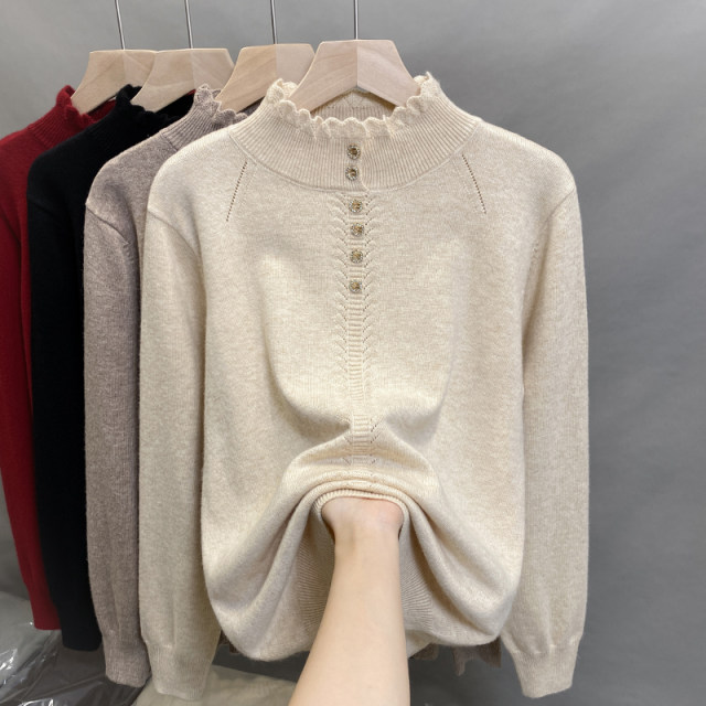 Lace Half Turtleneck Sweater Women's Trendy Knitted Sweater Bottoming Shirt