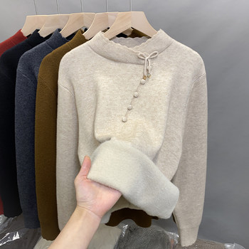 One-piece velvet half turtleneck sweater for women plus velvet thick bottoming shirt