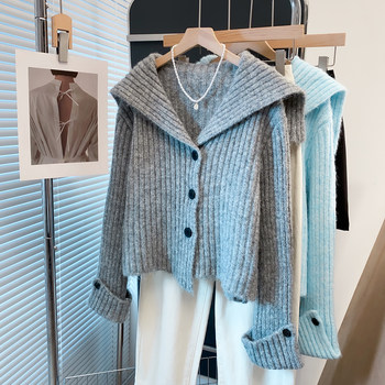 Women's wool navy neck sweater coat thick knitted cardigan