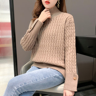 New autumn Korean style turtleneck hemp pattern slit cuffs pullover women's solid color outer knitted sweater