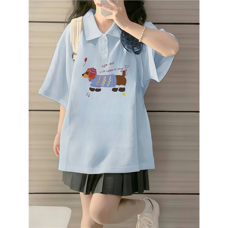 Design-Focused Niche Polo Collar Short-Sleeve T-Shirt for Girls, Older Children, Summer Wear, Loose-Fitting Pure Cotton Top for Middle and High School Students Design-Focused Niche Polo Collar Short-Sleeve T-Shirt for Girls, Older Children, Summer Wear, Loose-Fitting Pure Cotton Top for Middle and High School Students
