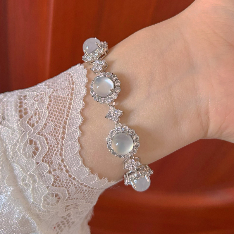 Ice White Chalcedony Sunflower Cabochon Gemstone Copper Silver-Plated Full Zircon Inlaid Agate Jade Exquisite Light Luxury Women's Bracelet