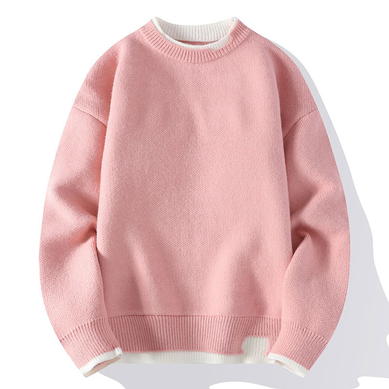 Sweet Pink Sweater for Men, Winter Fake Two-Piece Round Neck Knitwear, Men's Inner Layer Base Shirt, Niche Macho Pink Knitwear